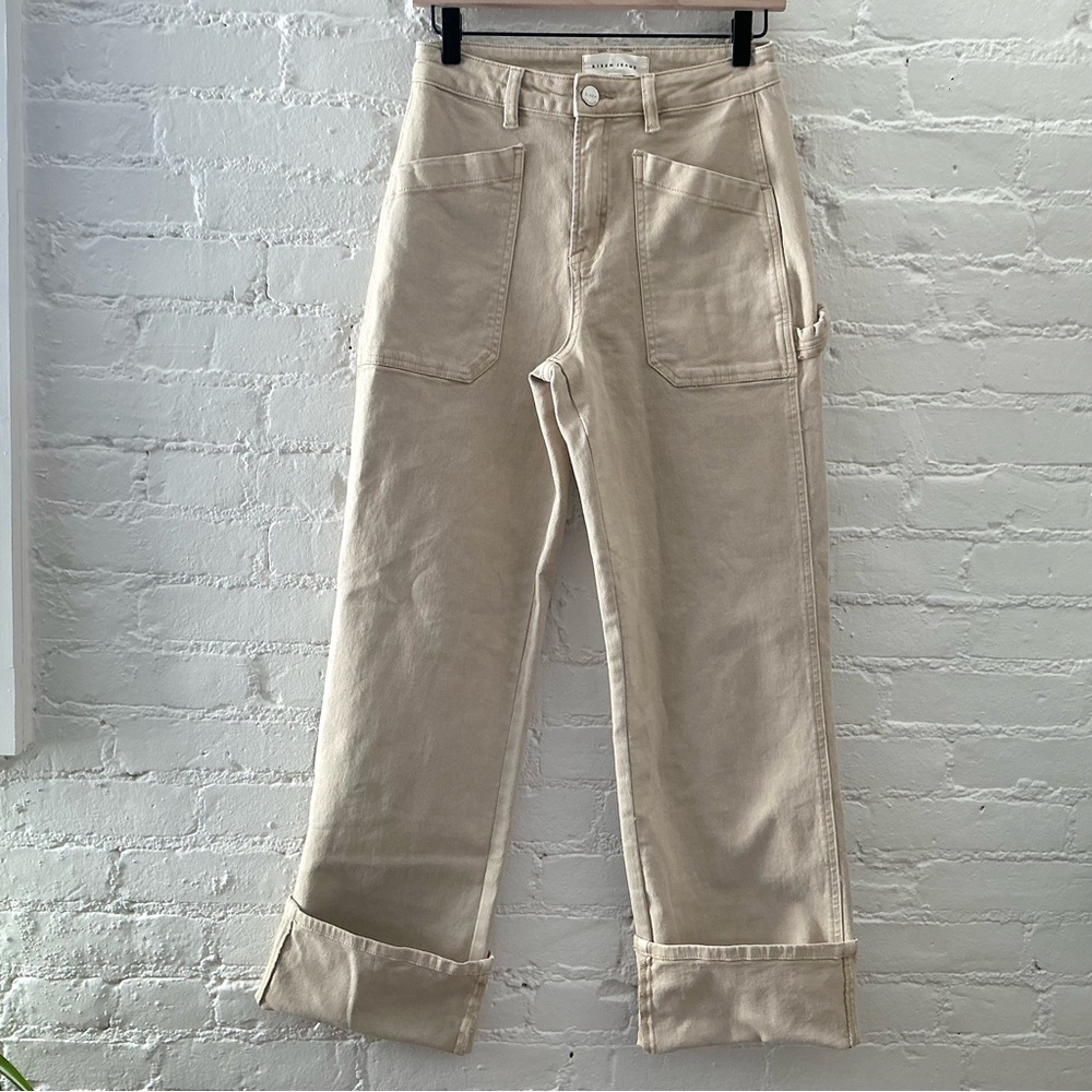 Risen Wide Leg High Rise Pants Cuffed Patch Pocket Beige Denim Minimalist Sz 26